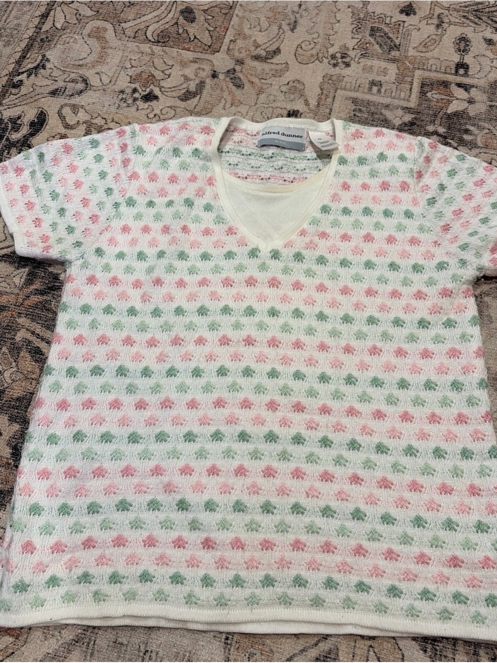 Alfred Dunner White Short Sleeve V-Neck Knit Top with Pink & Green Motif